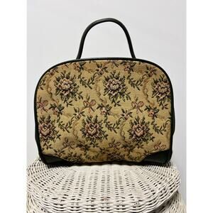 Vintage Floral Tapestry Handbag Top Handle Purse Needlepoint Style Green Trim